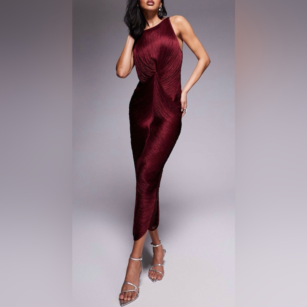 ASOS Design Racer Neck Draped Fringe Maxi Dress in Oxblood Size 12 NWT